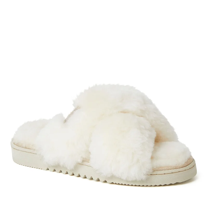 Fireside By Dearfoams Women's New Castle Genuine Shearling Cross Band Slide