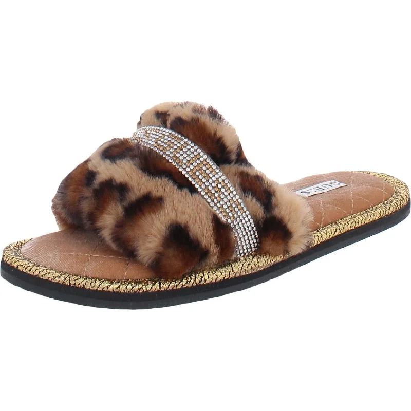 Guess Womens Slippy Faux Fur Rhinestone Slide Slippers